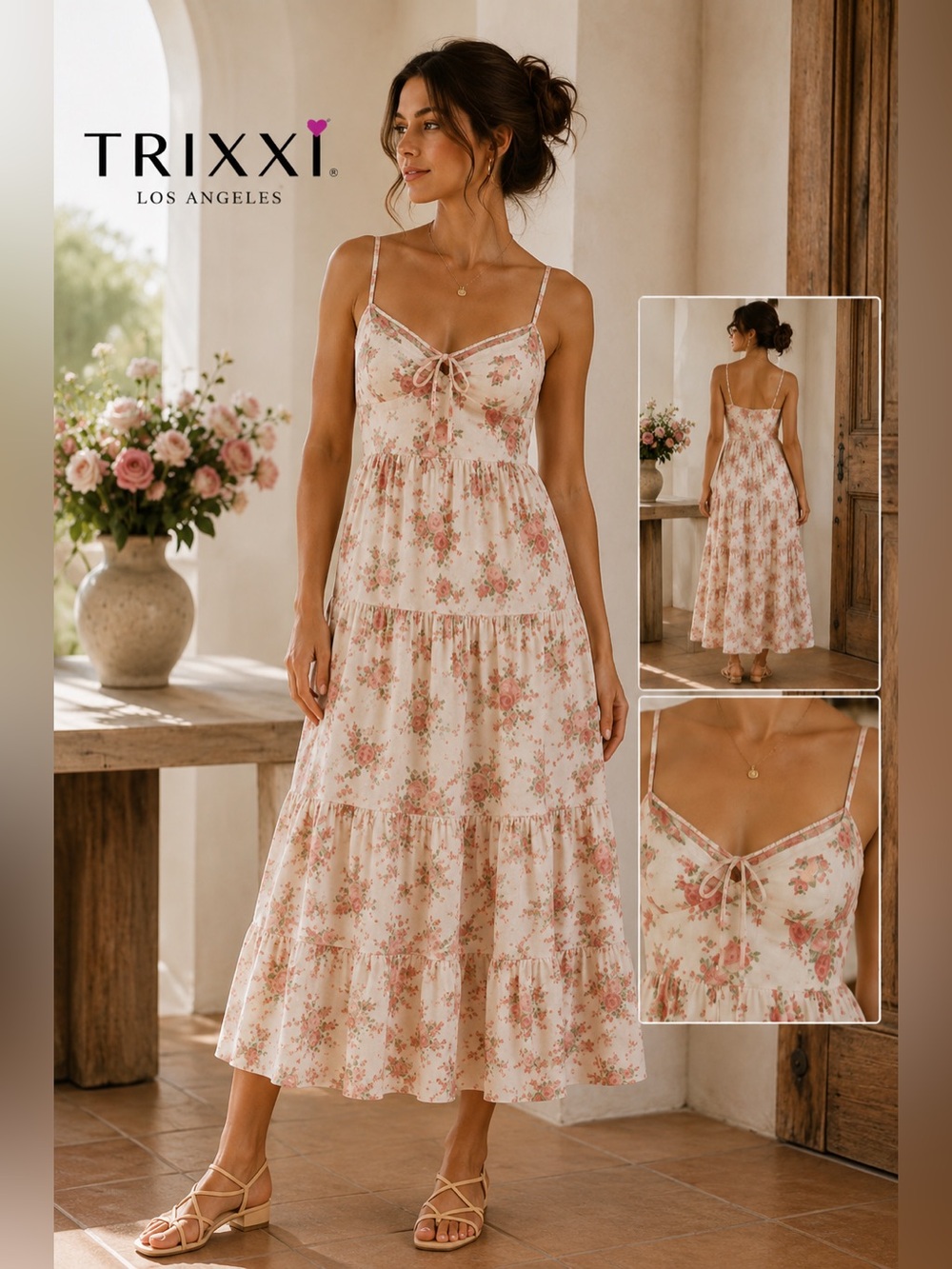 Trixxi Floral Rose Print Tie Strap Tiered Maxi Dress Size M Cottagecore E